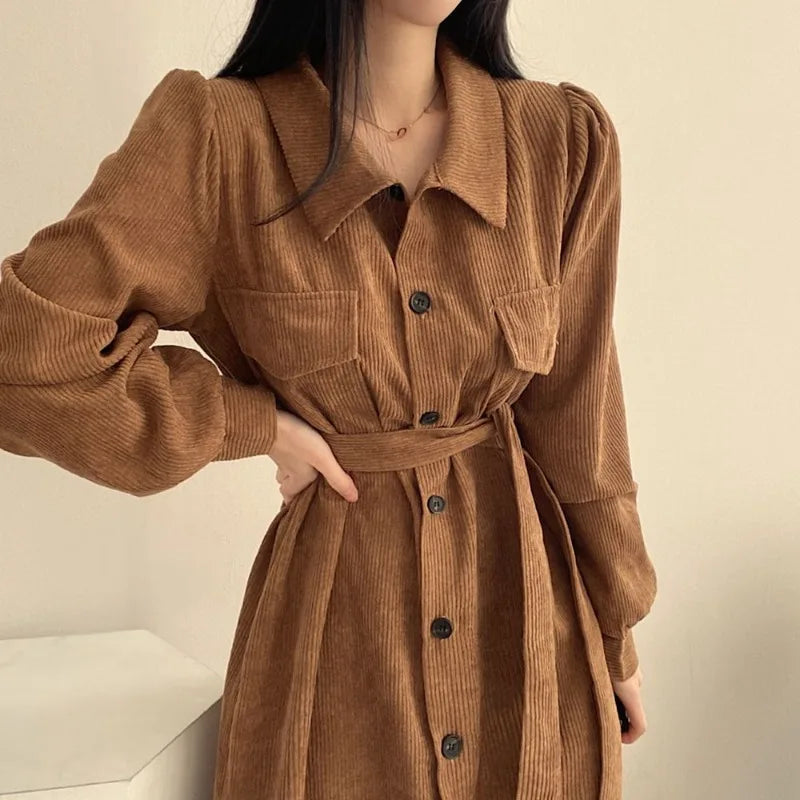Retro Lapels Single-breasted Waist Dress