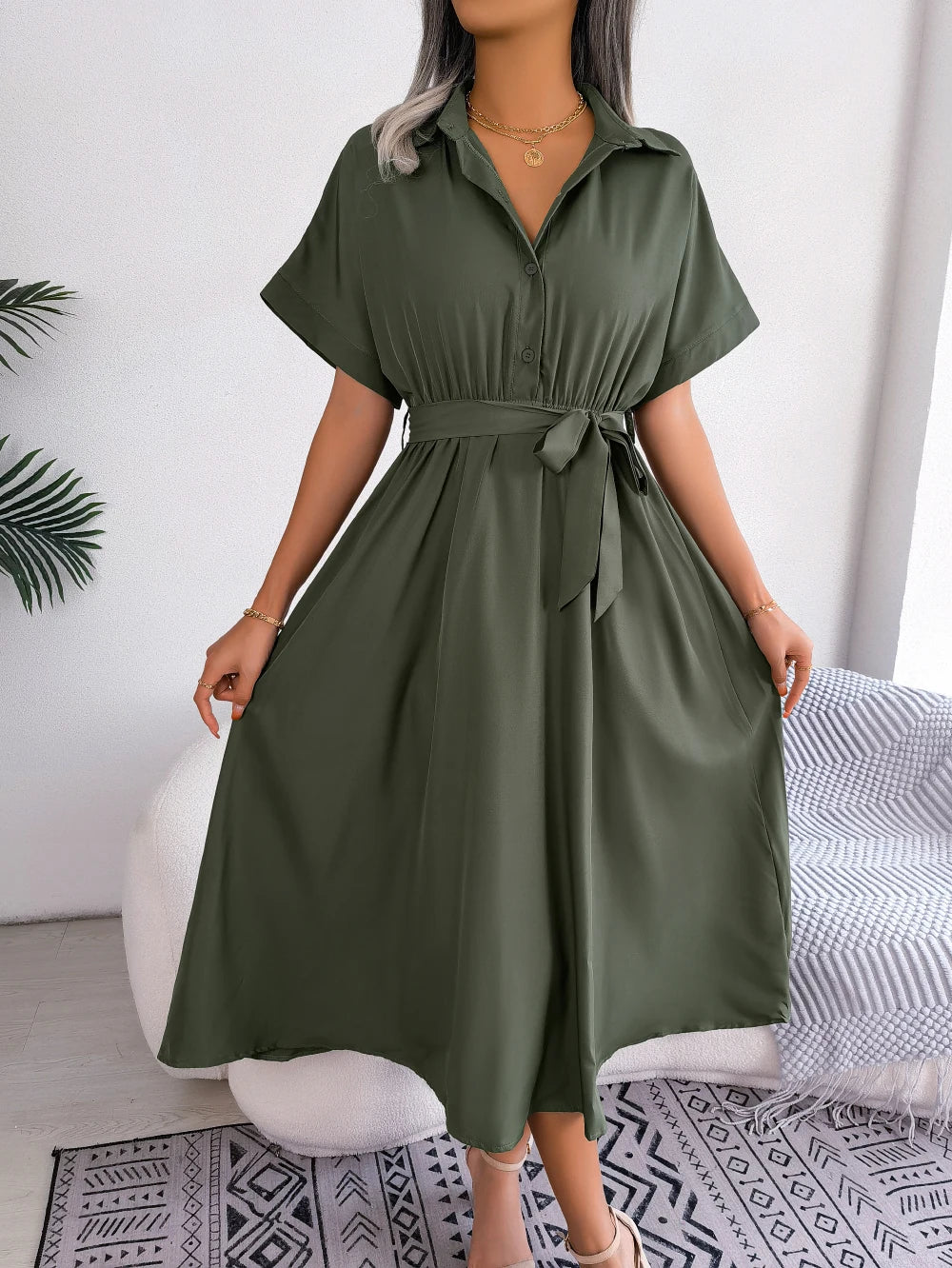 Women's Turn Down Collar Lace Up Dress