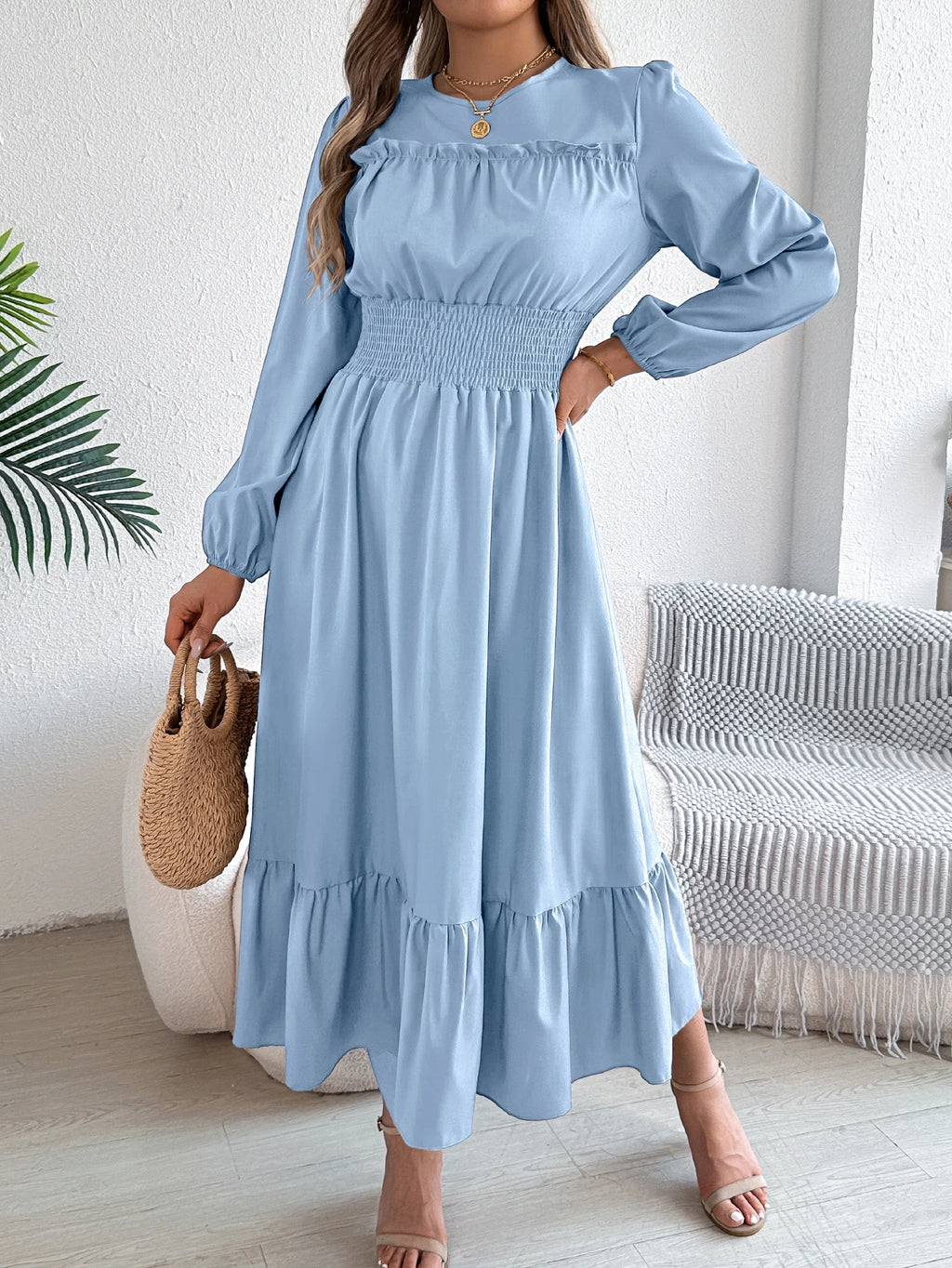 Women's Casual Elegant Round Neck Long Sleeved Waist Cinched Lotus Leaf Edge Dress