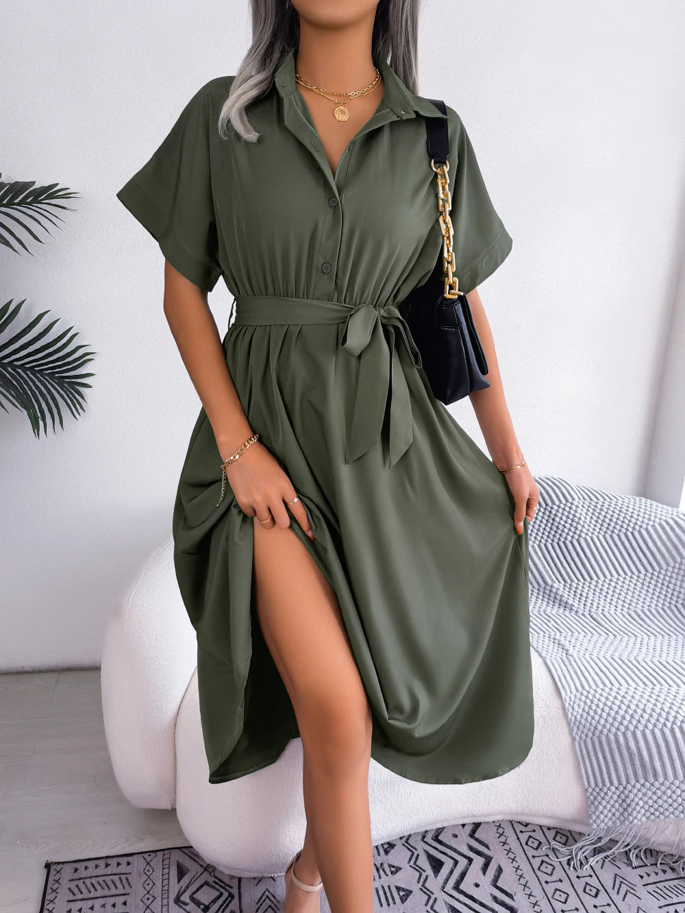 Women's Turn Down Collar Lace Up Dress