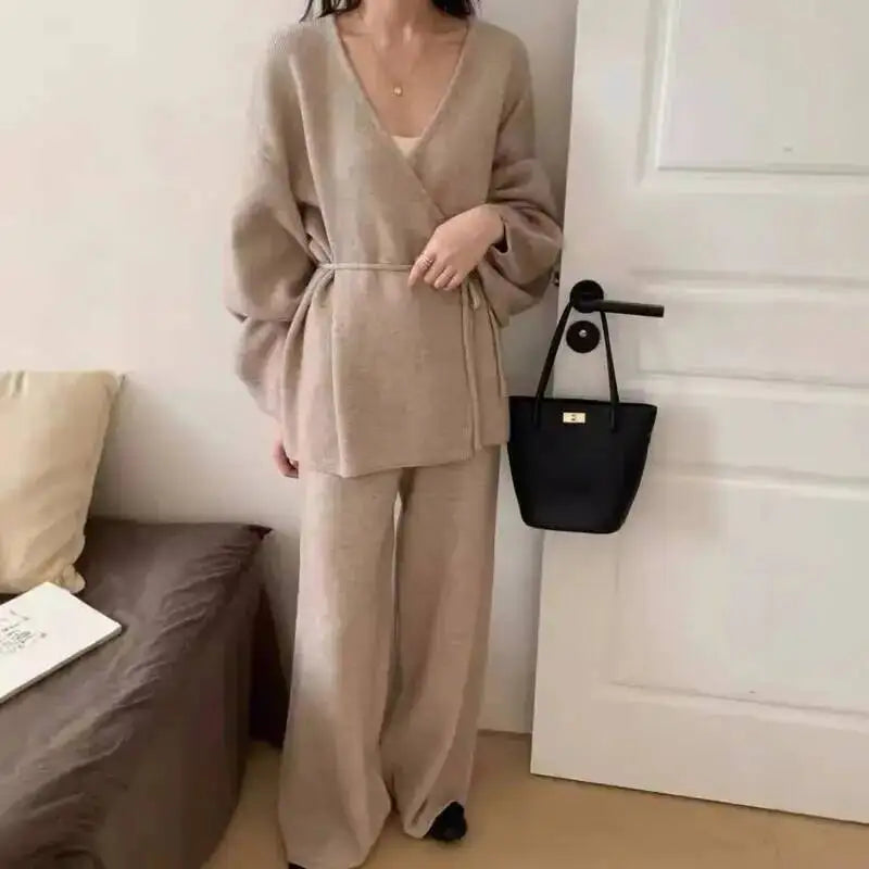 Casual Long Sleeve Sweater And High Waist Trousers Knit Set