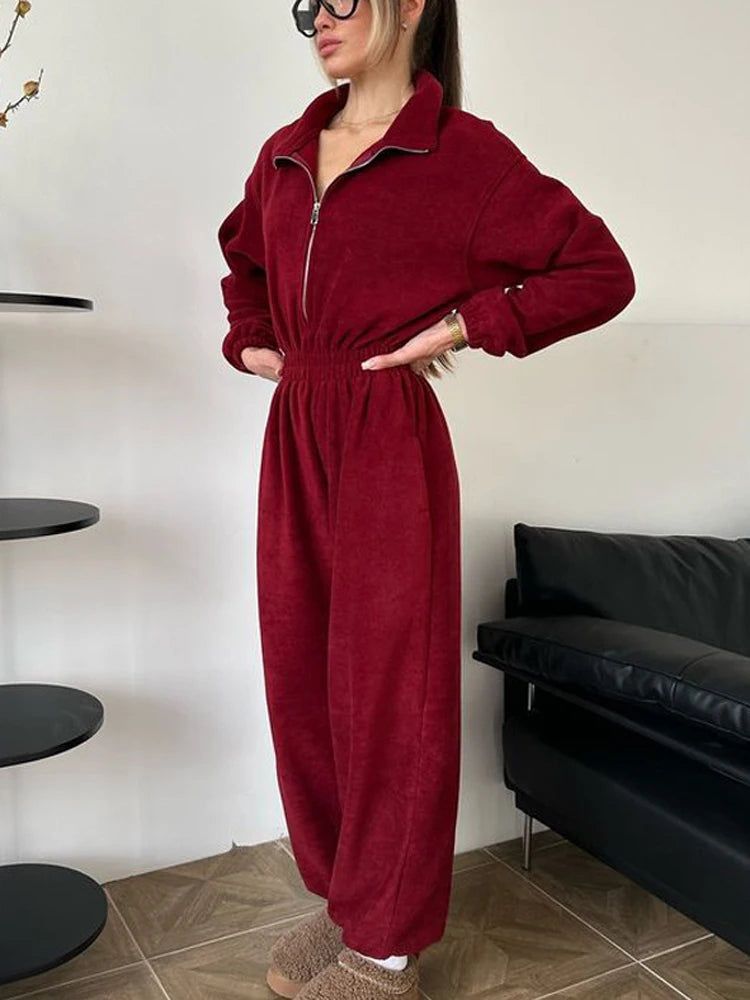Sporty Long Sleeve Half-Zip Sports Jumpsuit with Lapel
