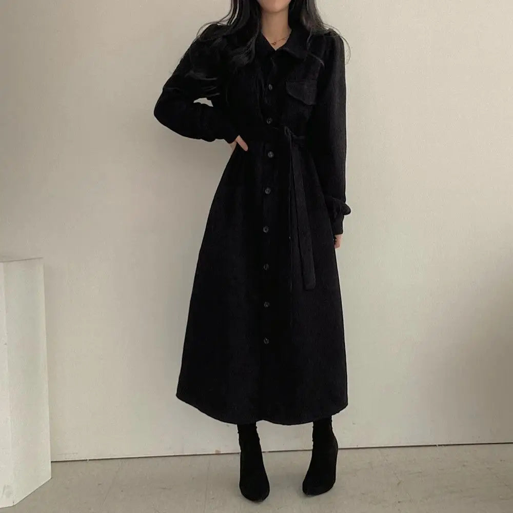 Retro Lapels Single-breasted Waist Dress