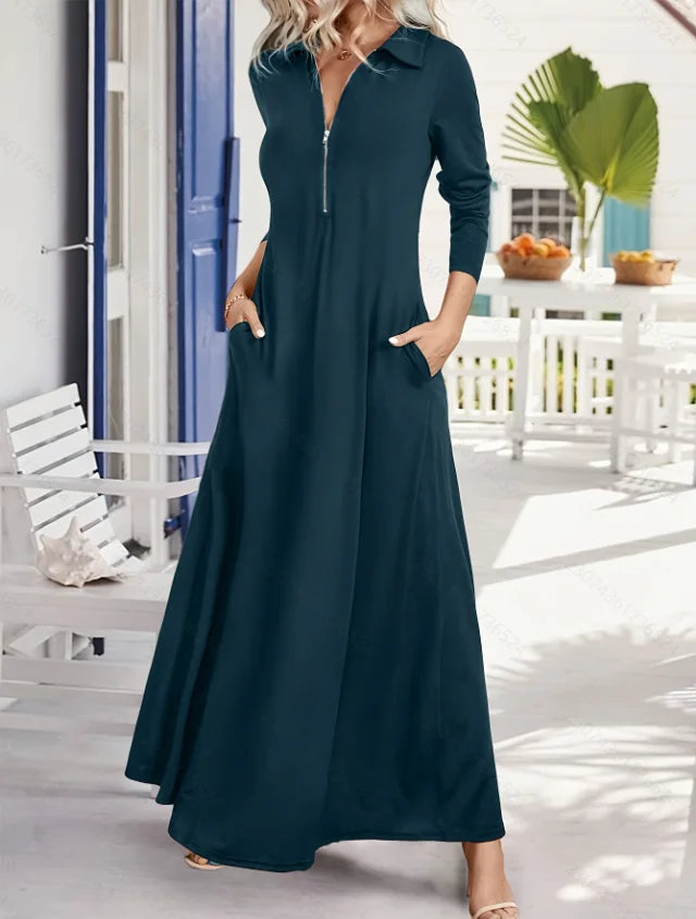 Elegant Solid Maxi with Long Sleeve Shirt Dress