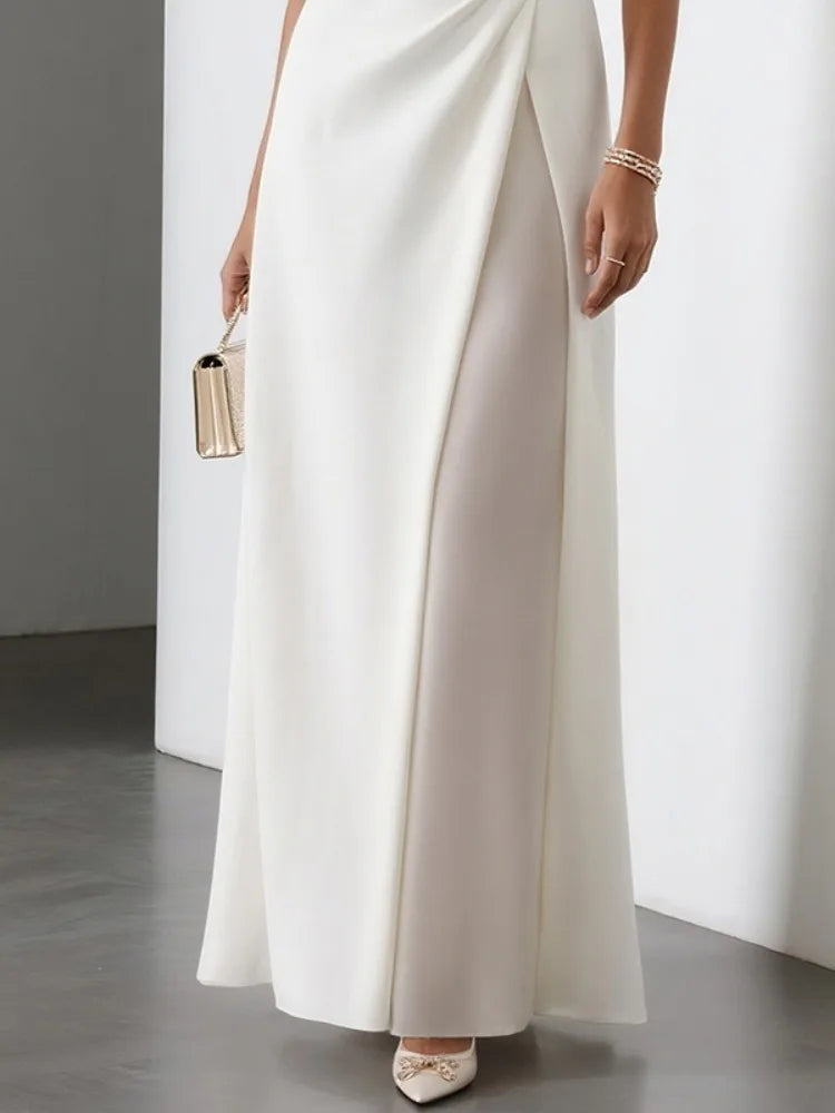 White Pleated Sleeveless A-Line Maxi Dress