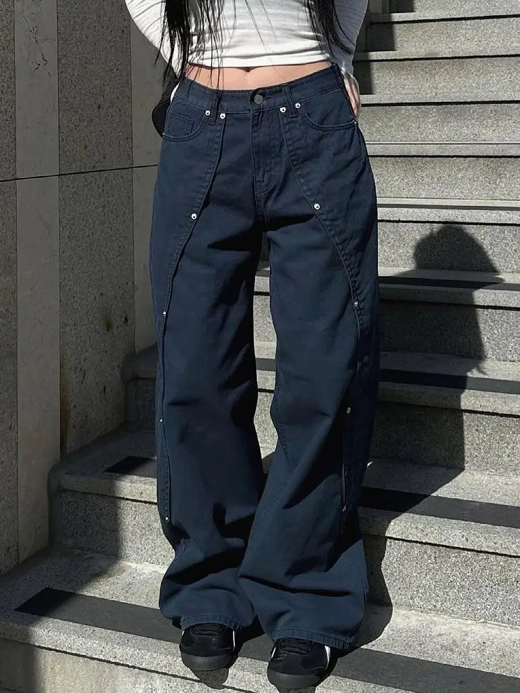Relaxed Loose Fit Wide Leg Trousers with Rivet Patchwork Split Design