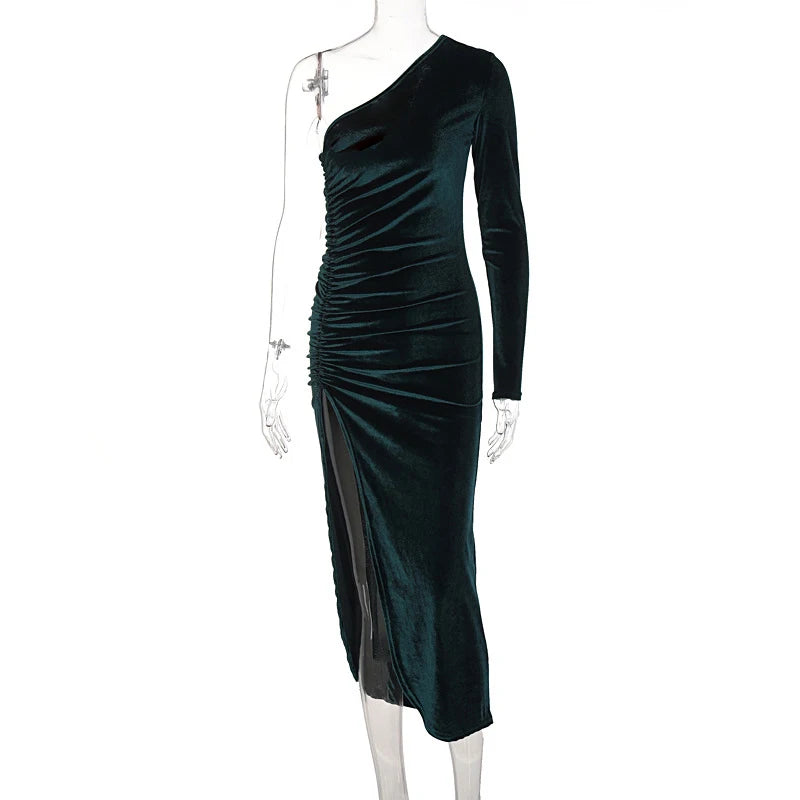Elegant Long Sleeve Velvet Evening Dress w/Slit