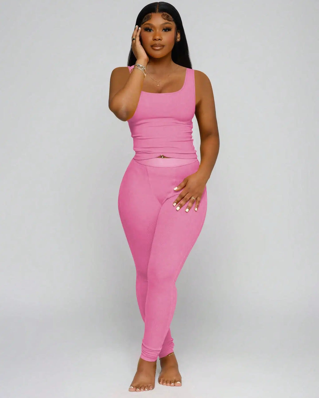 Ribbed Crop Tank Top and High Waist Leggings Set for Women
