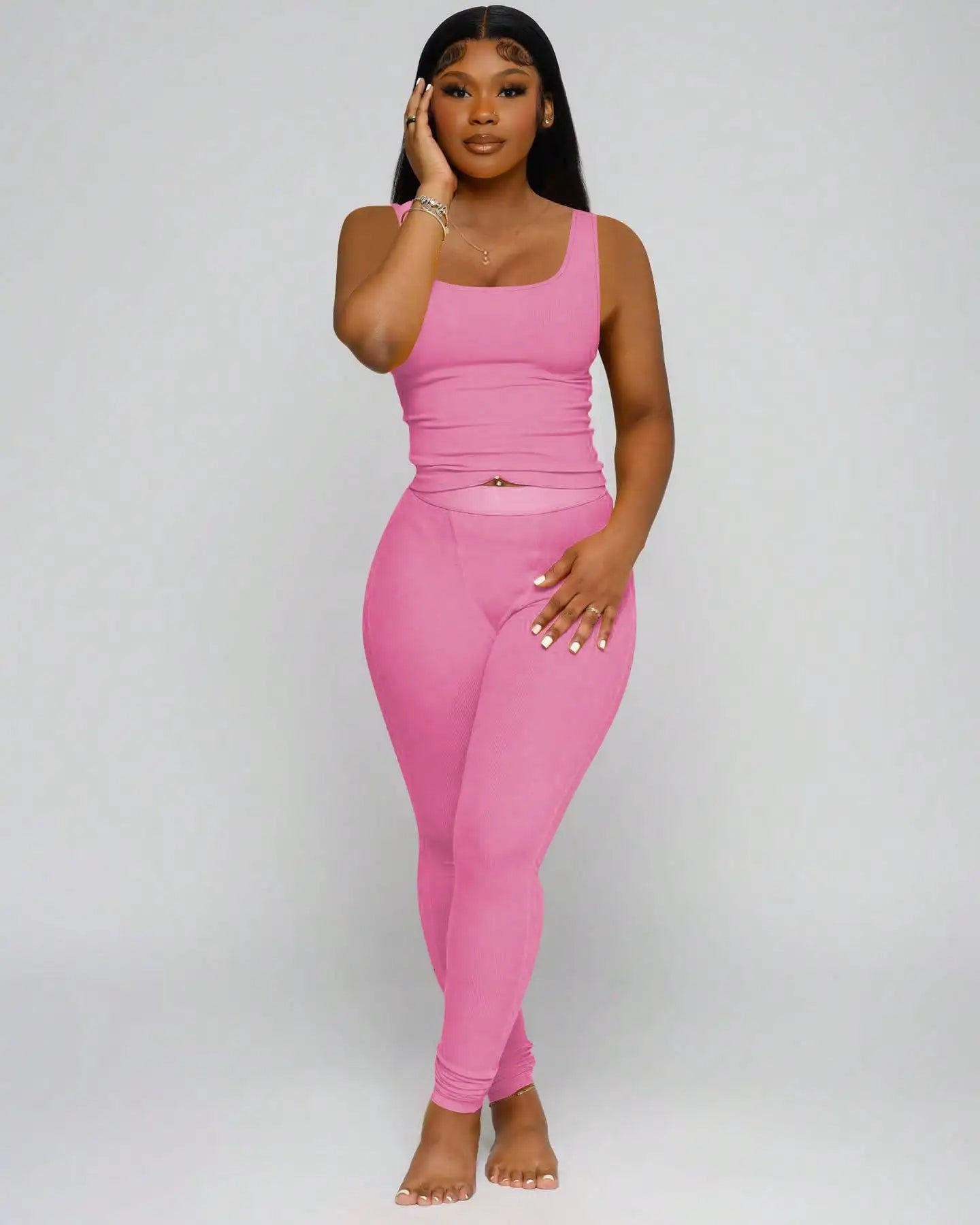 Ribbed Crop Tank Top and High Waist Leggings Set for Women