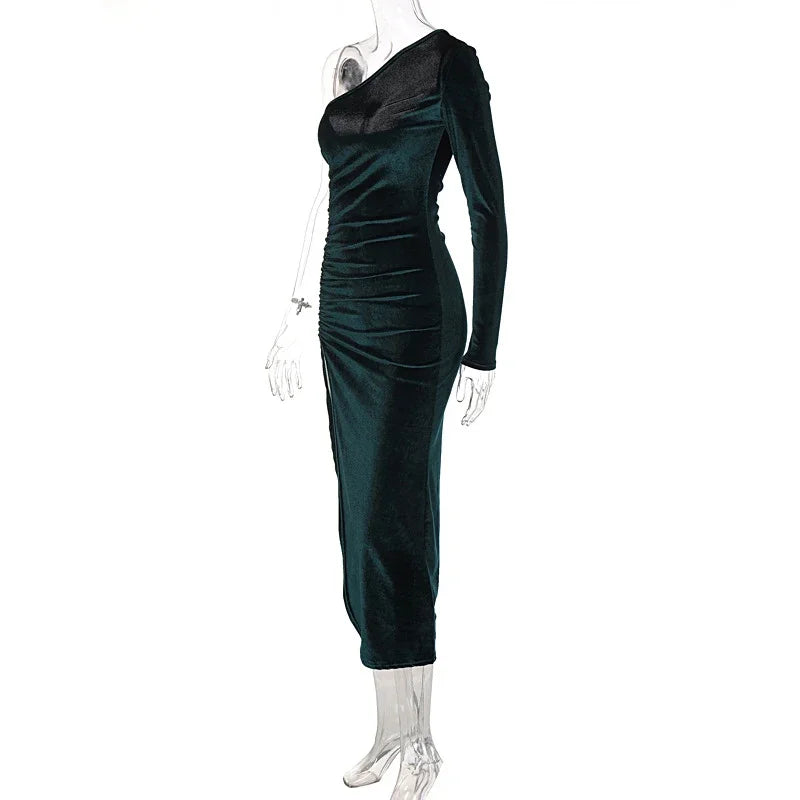 Elegant Long Sleeve Velvet Evening Dress w/Slit