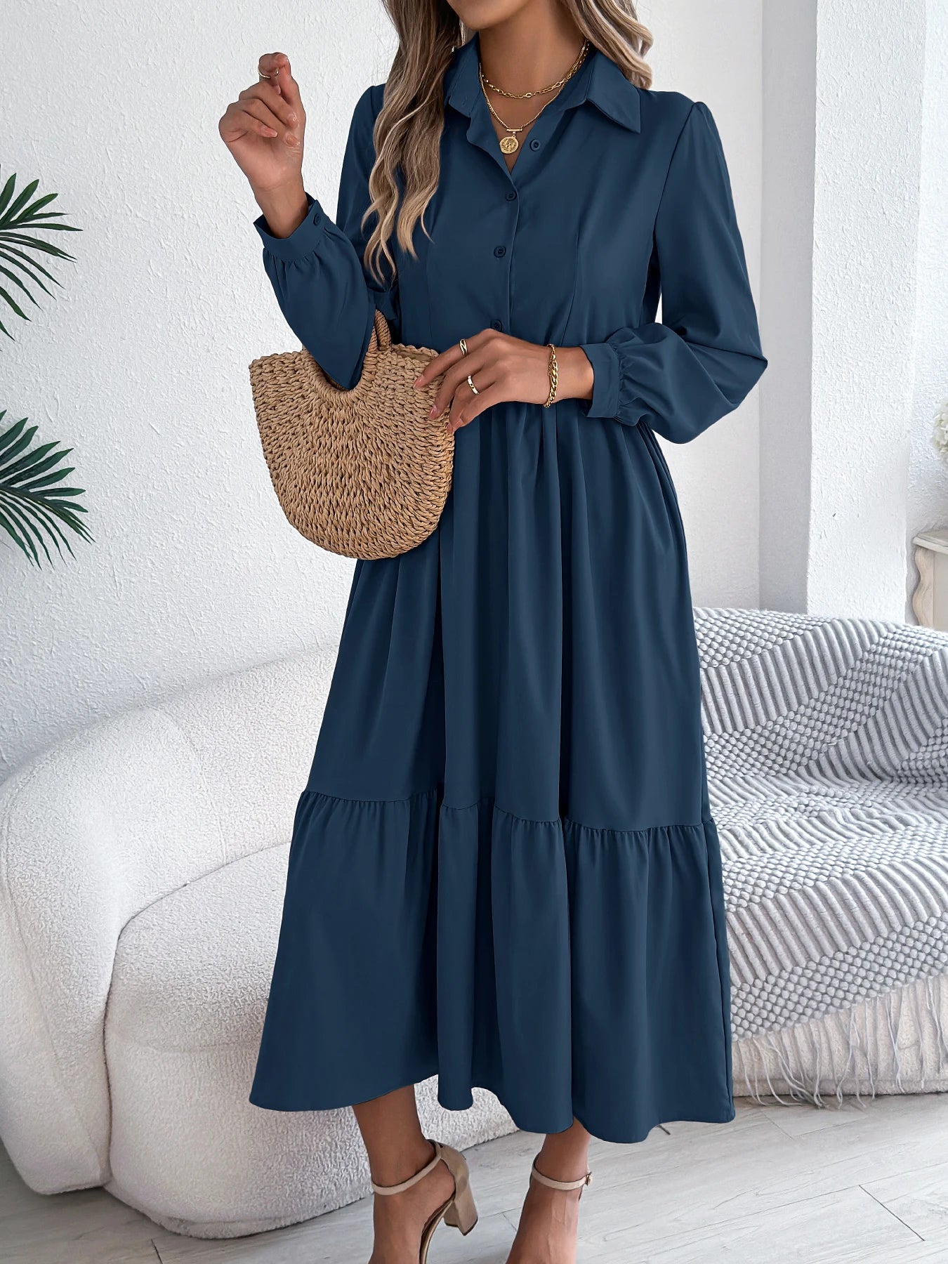 Women's Casual Button Down Long Sleeved Dress