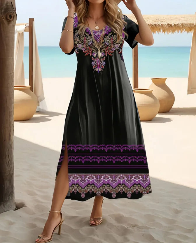Plus Size Women's Bohemian Floral Print Short Sleeved Dress