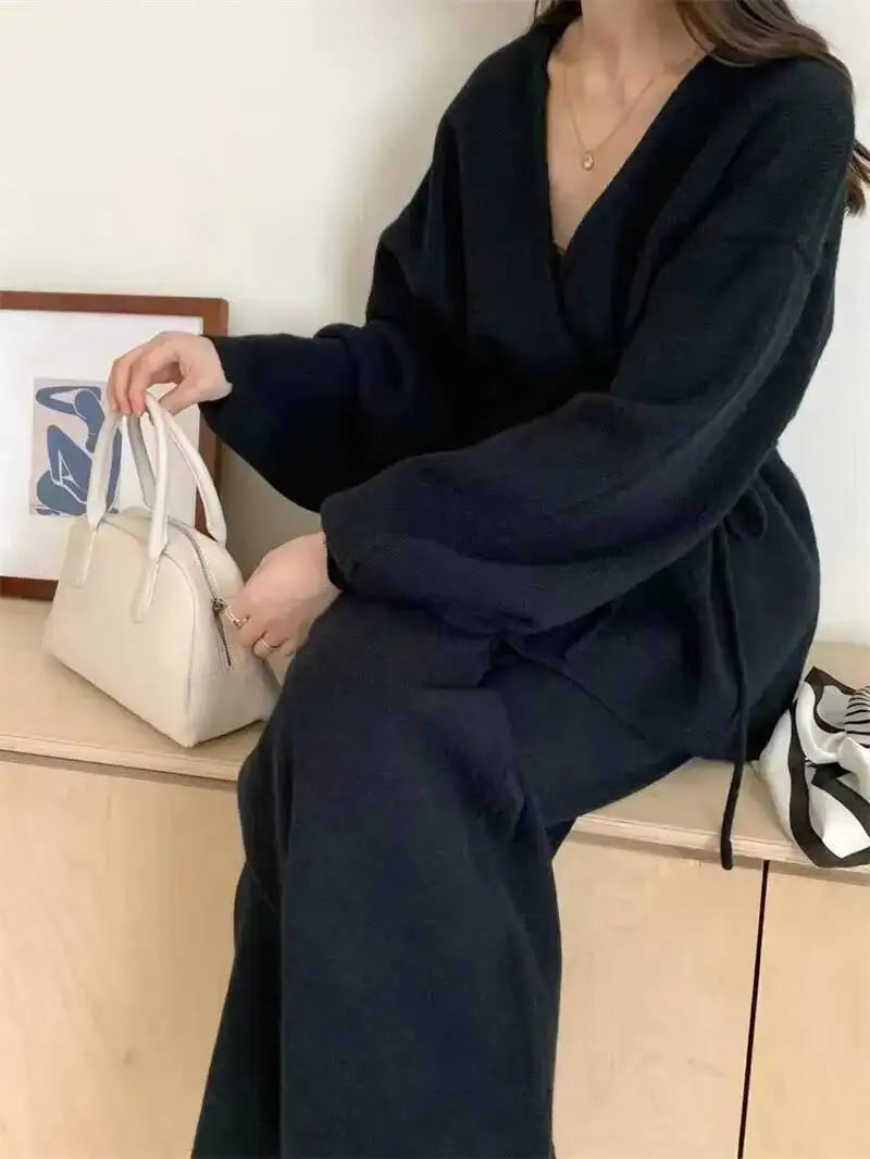 Casual Long Sleeve Sweater And High Waist Trousers Knit Set