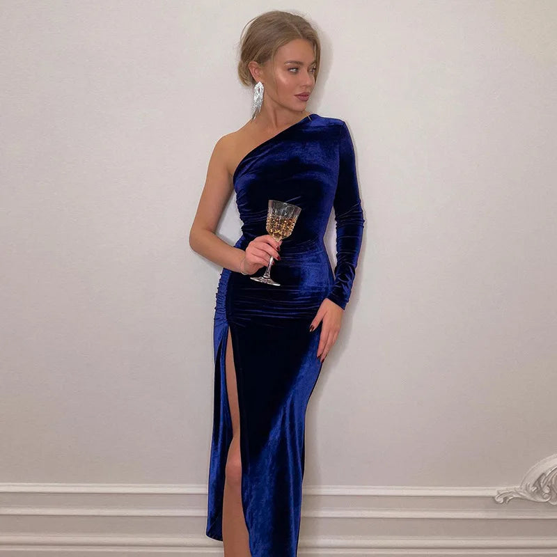 Elegant Long Sleeve Velvet Evening Dress w/Slit