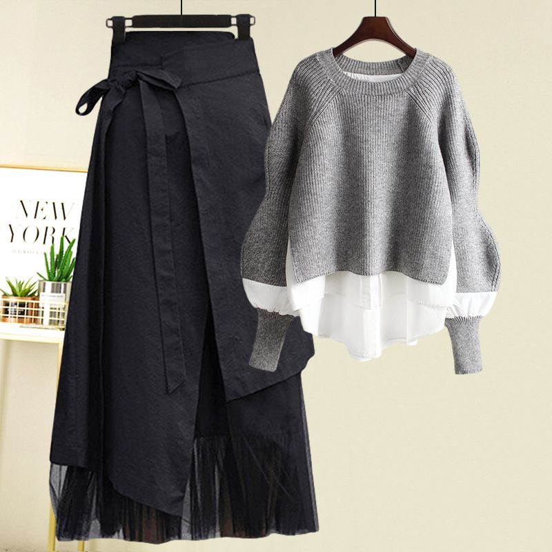 Spring Two Piece Knit Sweater+Strap A-line Skirt Suit Set
