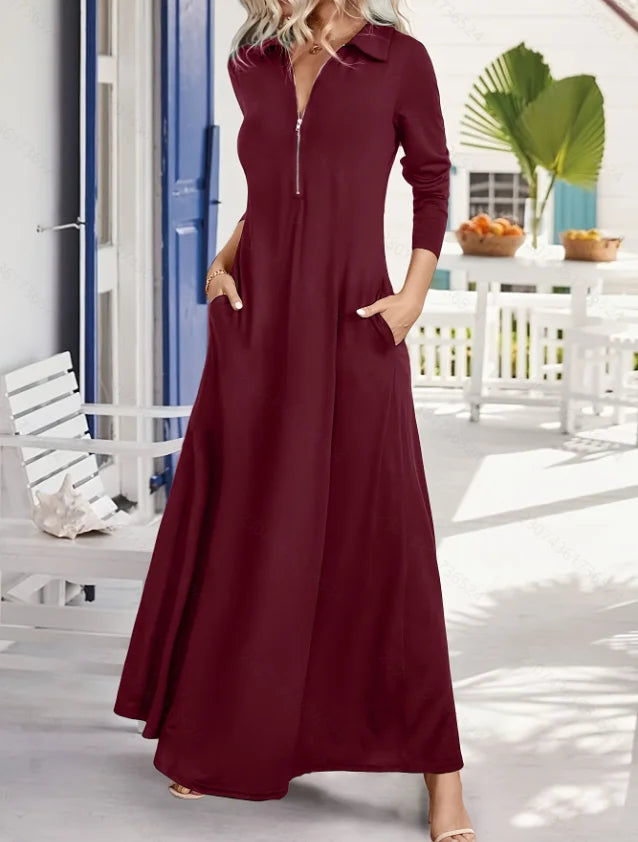 Elegant Solid Maxi with Long Sleeve Shirt Dress