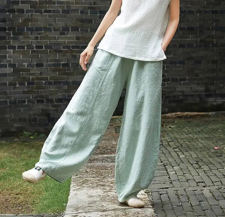 Women's Cotton Linen Wide Leg Pants with Elastic Waist