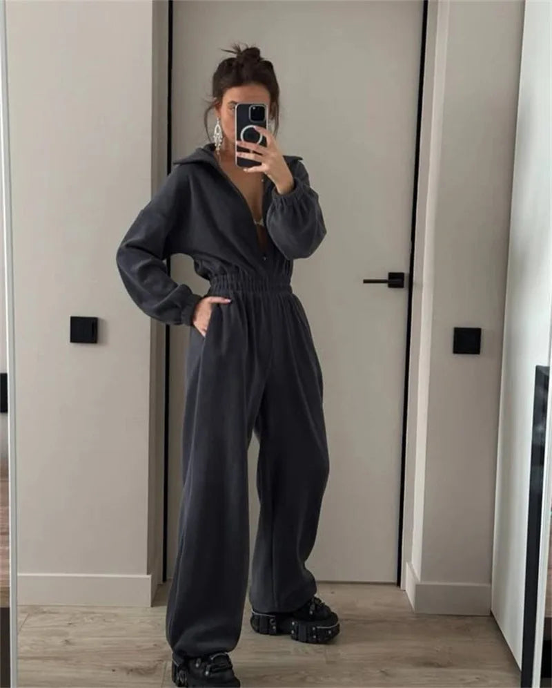 Sporty Long Sleeve Half-Zip Sports Jumpsuit with Lapel