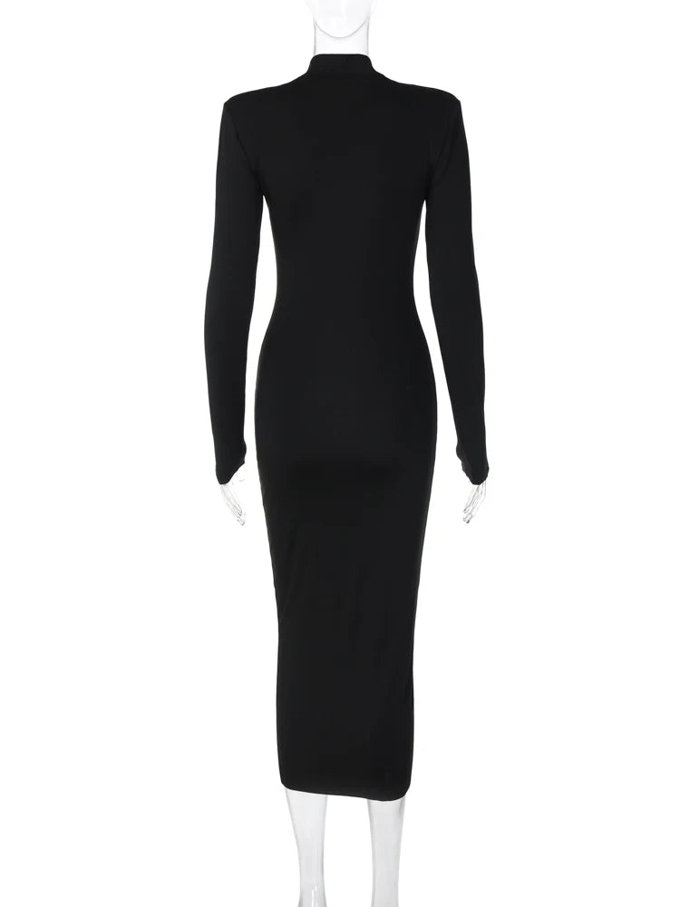 Long Sleeve Turtleneck Black Bodycon Maxi Dress