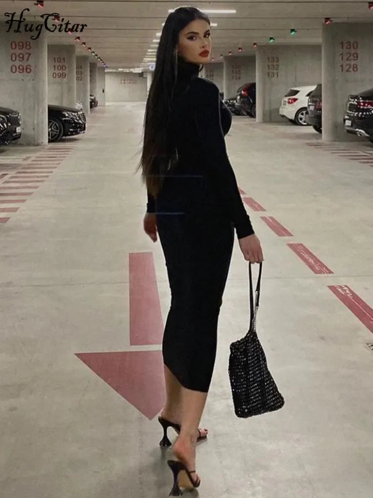 Long Sleeve Turtleneck Black Bodycon Maxi Dress