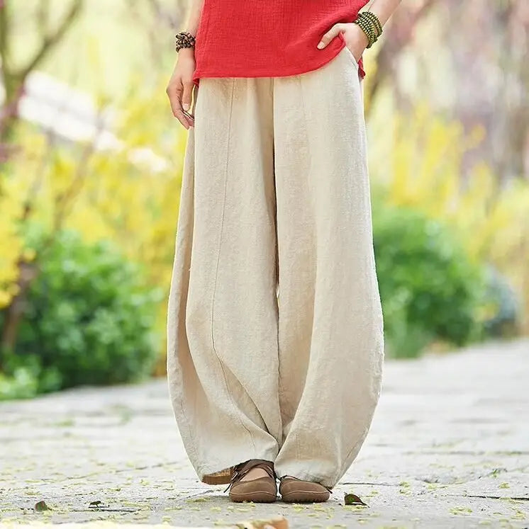 Women's Cotton Linen Wide Leg Pants with Elastic Waist