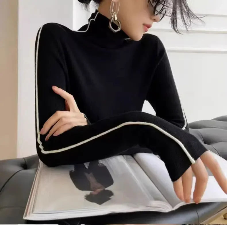 Long Sleeve Knit Turtleneck with Striped Sleeves Sweater Top