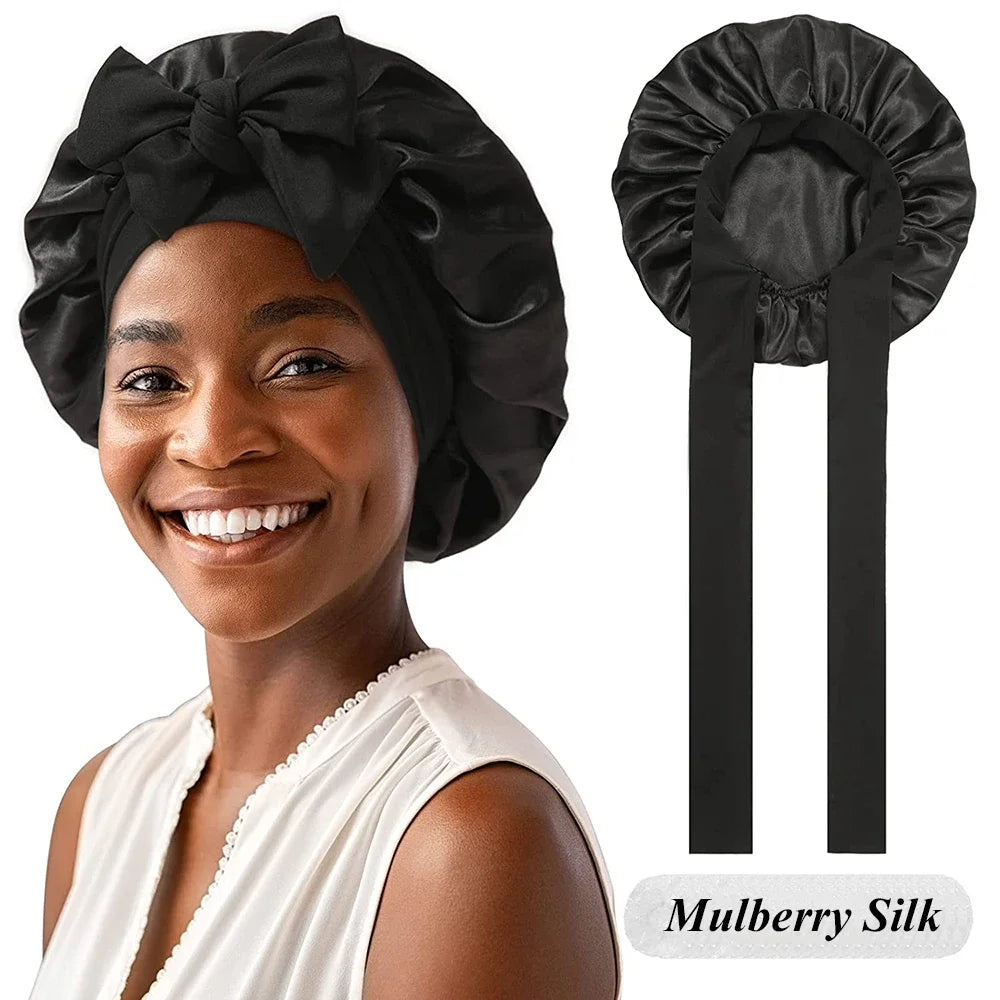 100% Mulberry Silk Sleeping Bonnet Curly Hair Adjustable Satin Sleep Cap With Wide Elastic Band