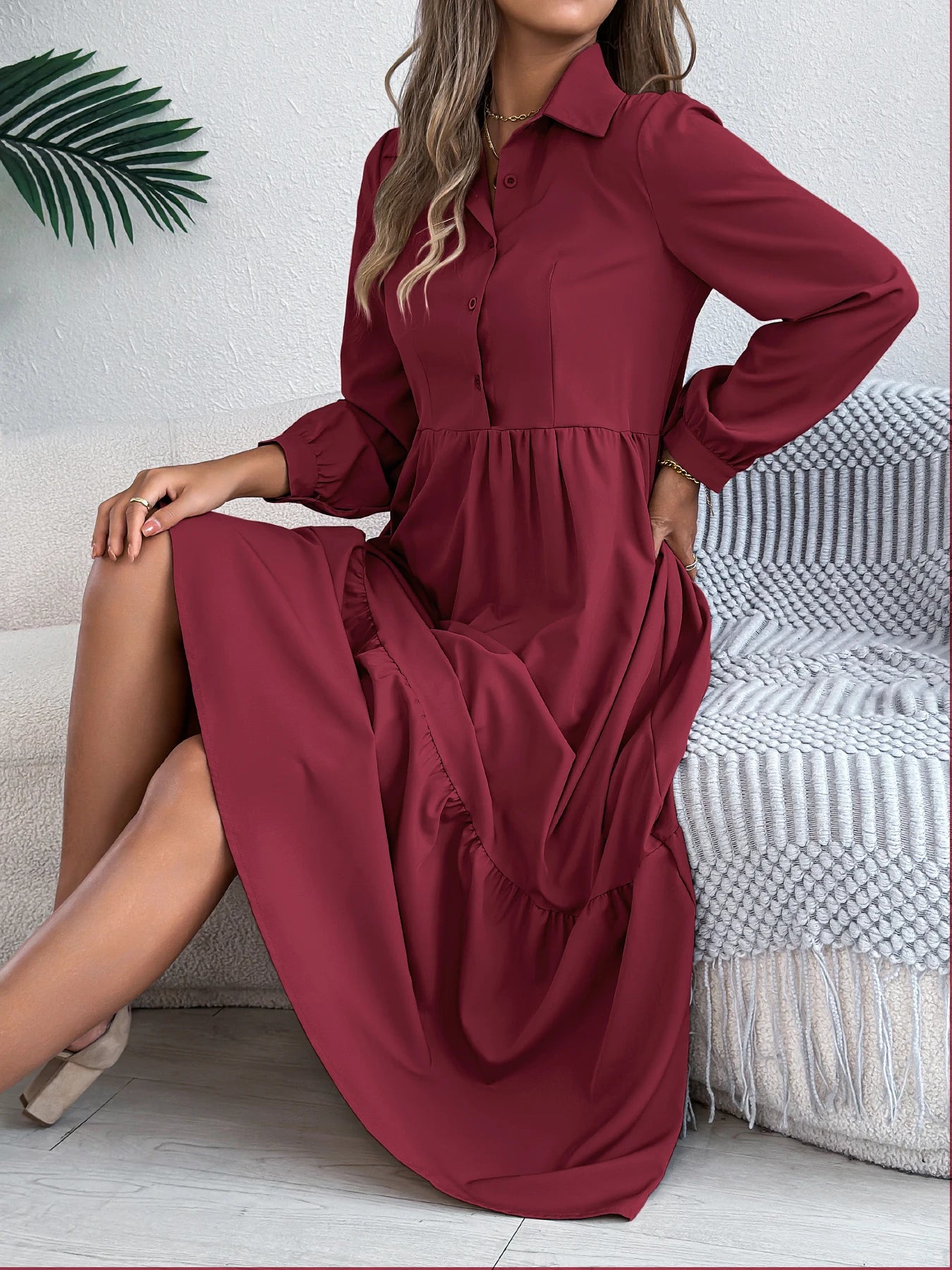 Women's Casual Button Down Long Sleeved Dress