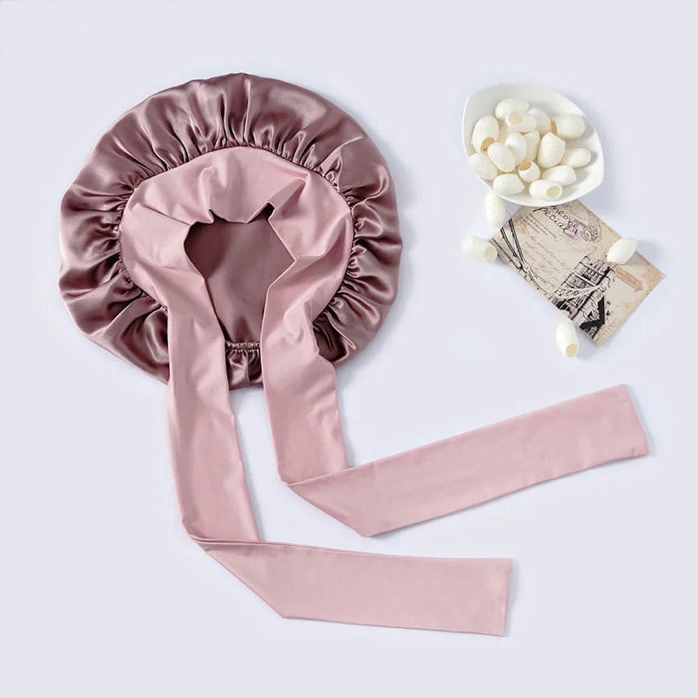 100% Mulberry Silk Sleeping Bonnet Curly Hair Adjustable Satin Sleep Cap With Wide Elastic Band