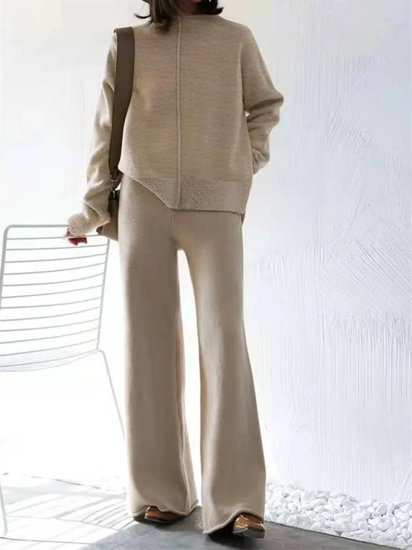 Beige Casual Oversized Knit Two-Piece Set with Half-Zip Sweater And Wide-Leg