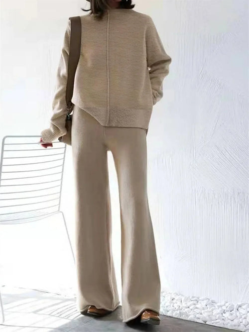 Beige Casual Oversized Knit Two-Piece Set with Half-Zip Sweater And Wide-Leg