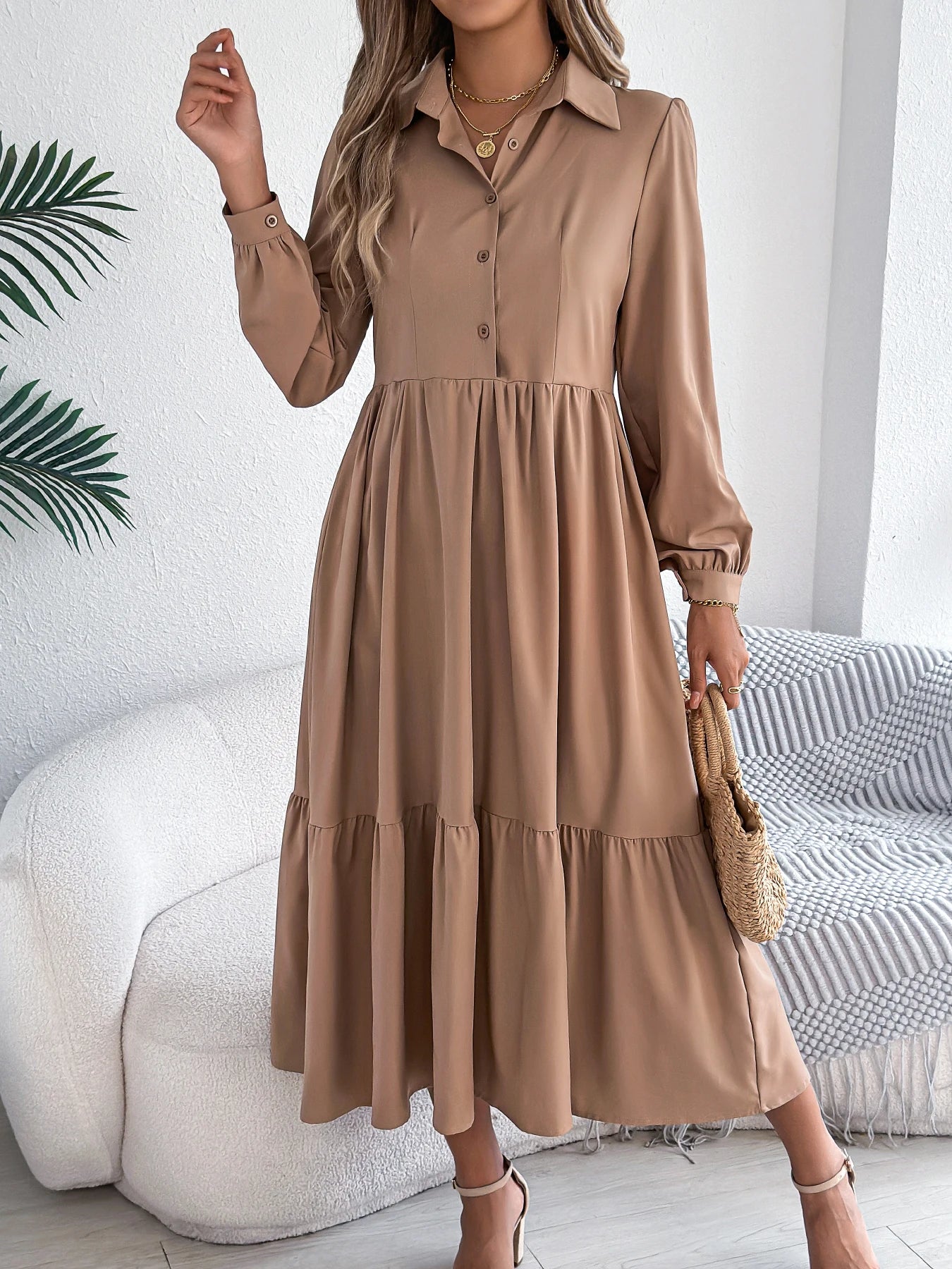 Women's Casual Button Down Long Sleeved Dress