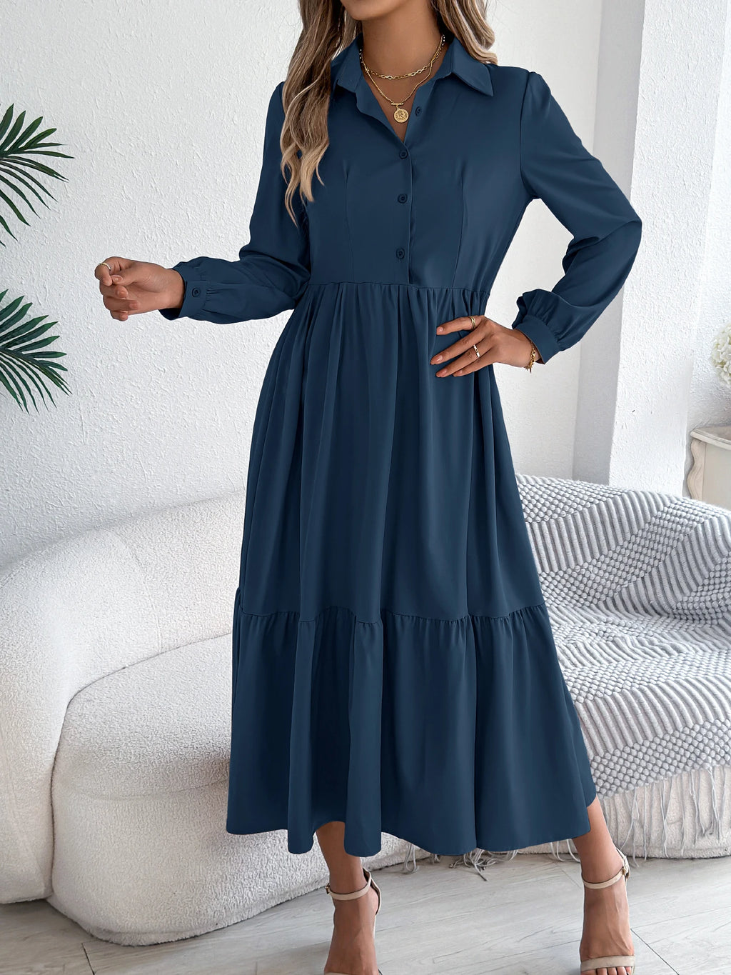 Women's Casual Button Down Long Sleeved Dress