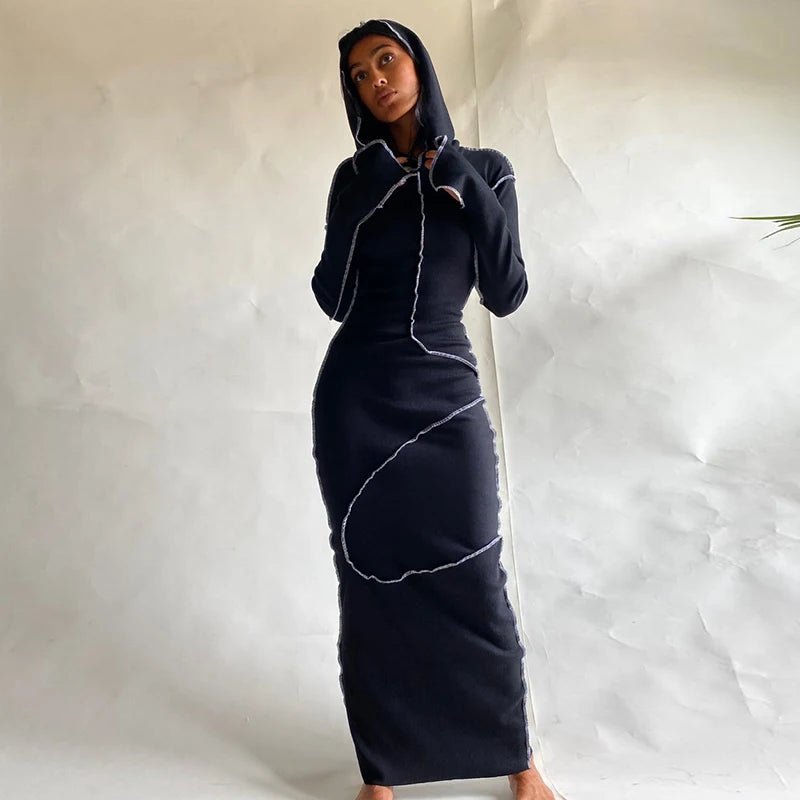 Long Sleeve Hooded Patchwork Skinny Maxi Dress