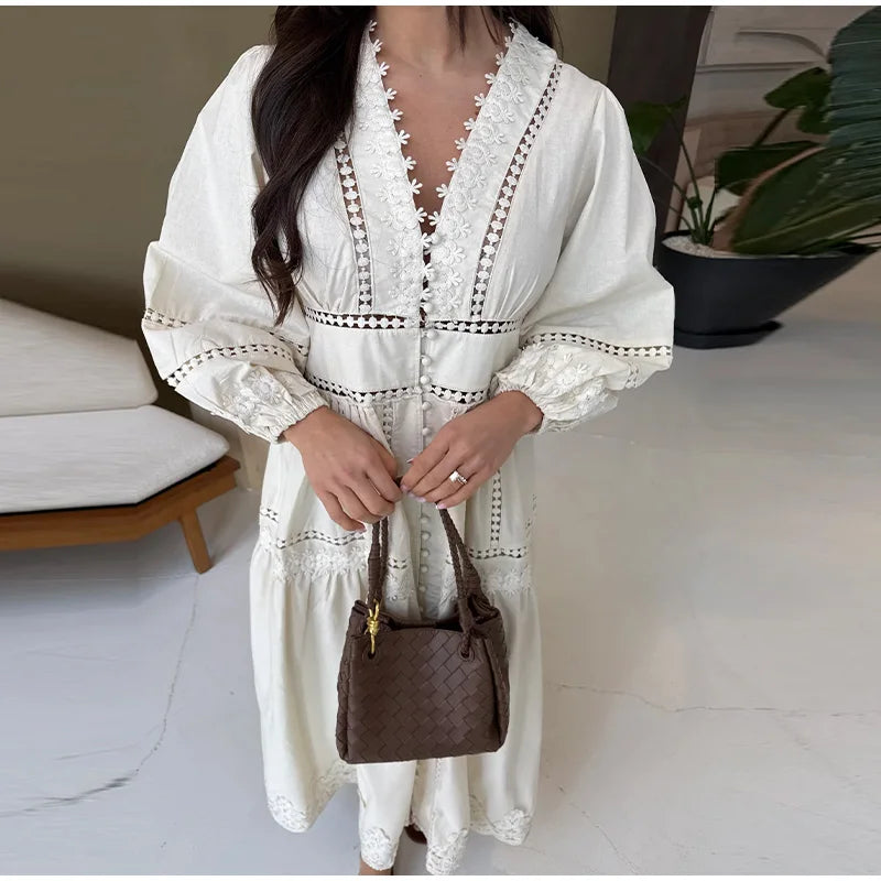 Lace Cut Out Long Puff Sleeve Maxi Dress