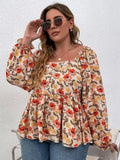 Women's Plus Size Floral Print Square Neck Peplum Blouse with Lantern Sleeves