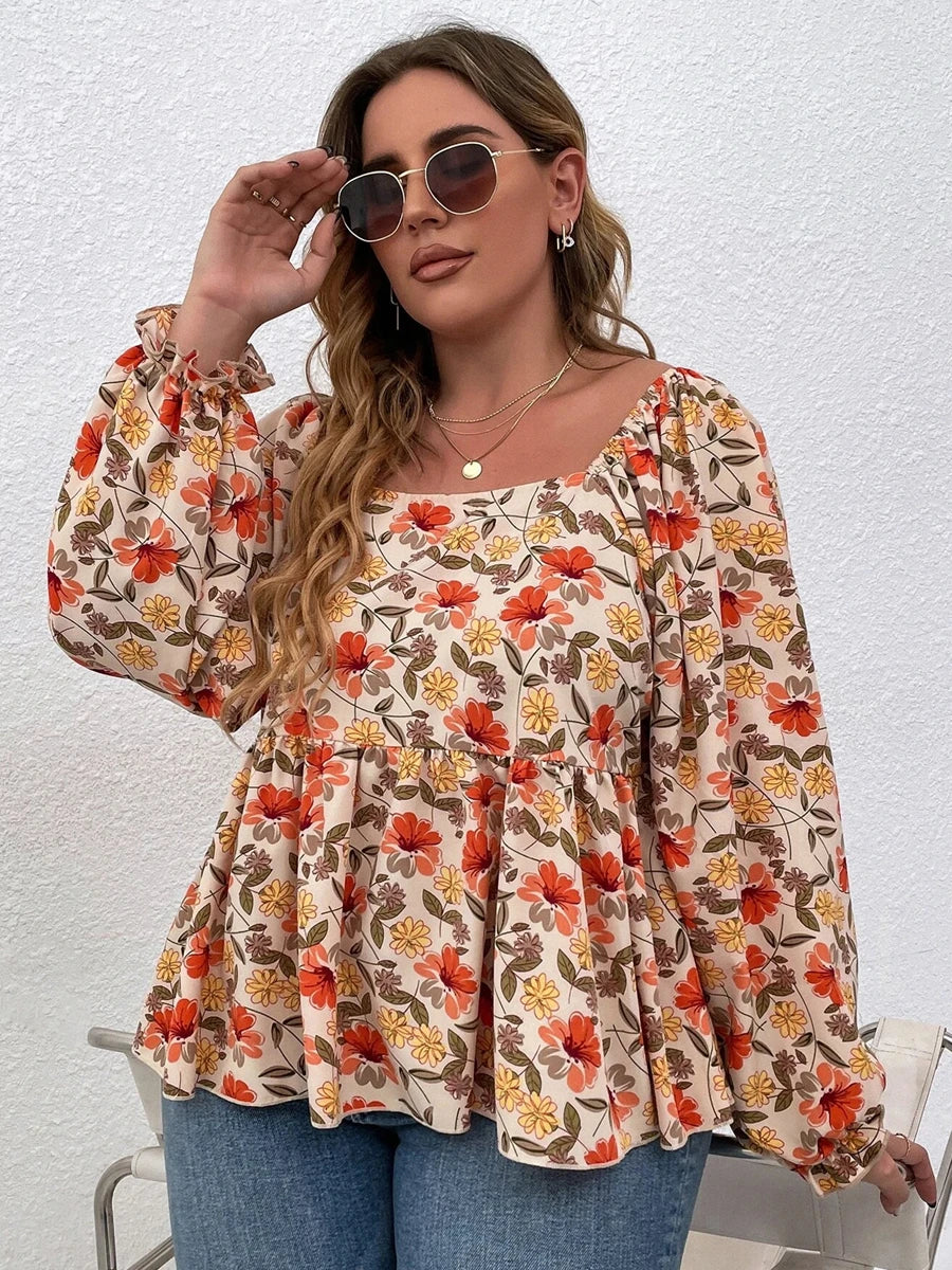 Women's Plus Size Floral Print Square Neck Peplum Blouse with Lantern Sleeves