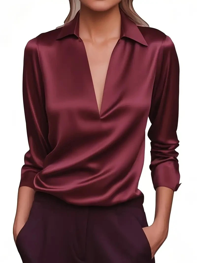 Elegant Satin Deep V-Neck Long Sleeve Blouse