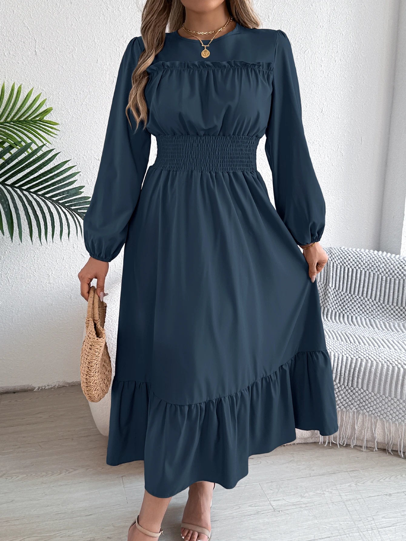 Women's Casual Elegant Round Neck Long Sleeved Waist Cinched Lotus Leaf Edge Dress