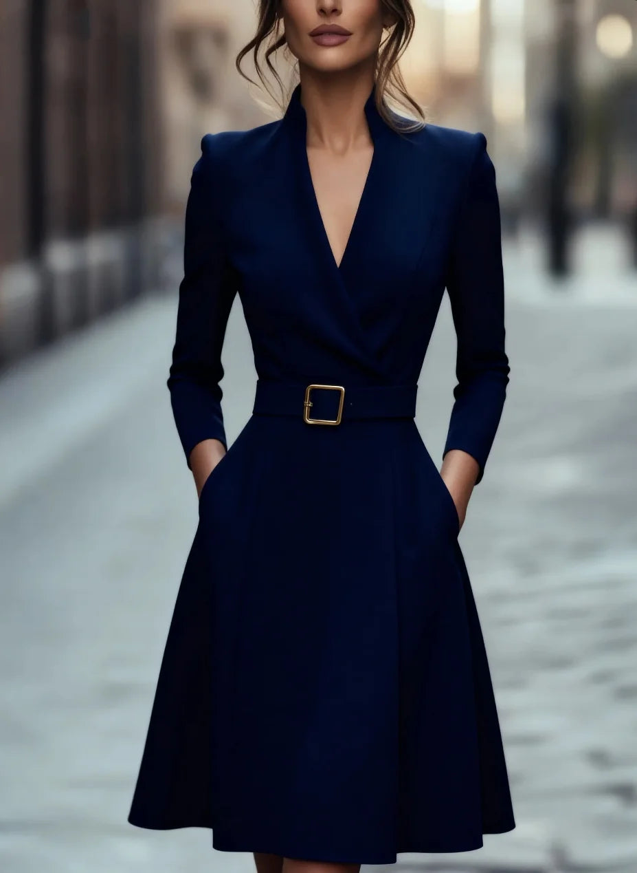 V-Neck Long Sleeve, V-Neck, A-Line Belted Dress