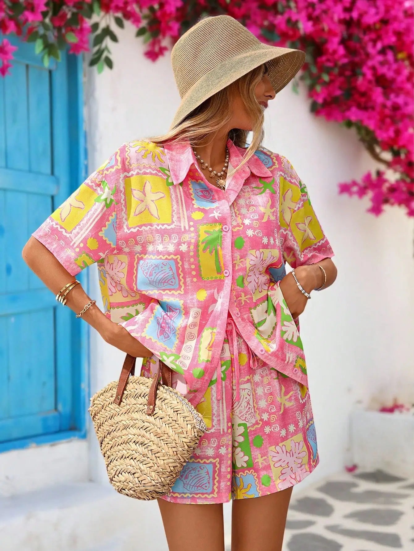 Colorful Tropical Print 2-Piece Short Sleeve Shirt & Shorts Set