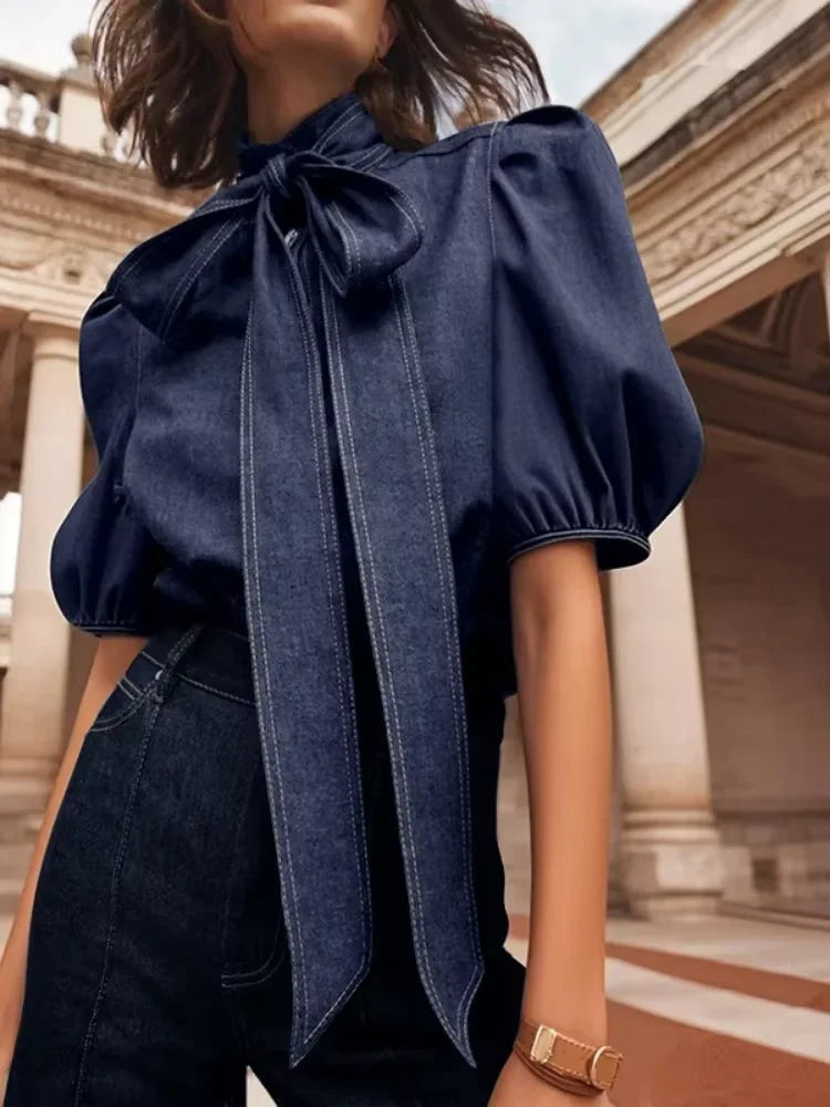 Denim Blouse with Long Puff Sleeves and Bow