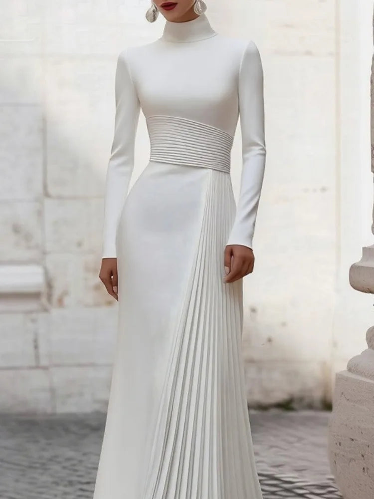 Elegant Turtleneck Long Sleeves Ruched White Maxi Dress