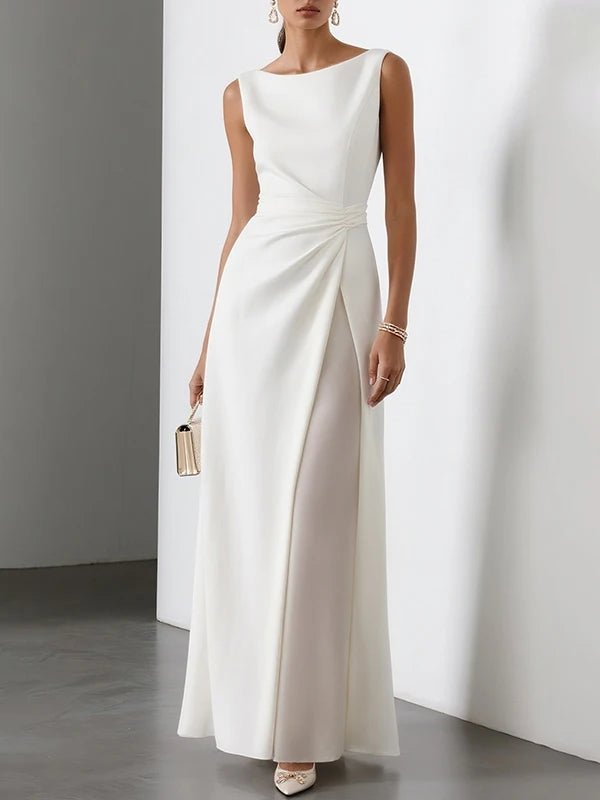 White Pleated Sleeveless A-Line Maxi Dress