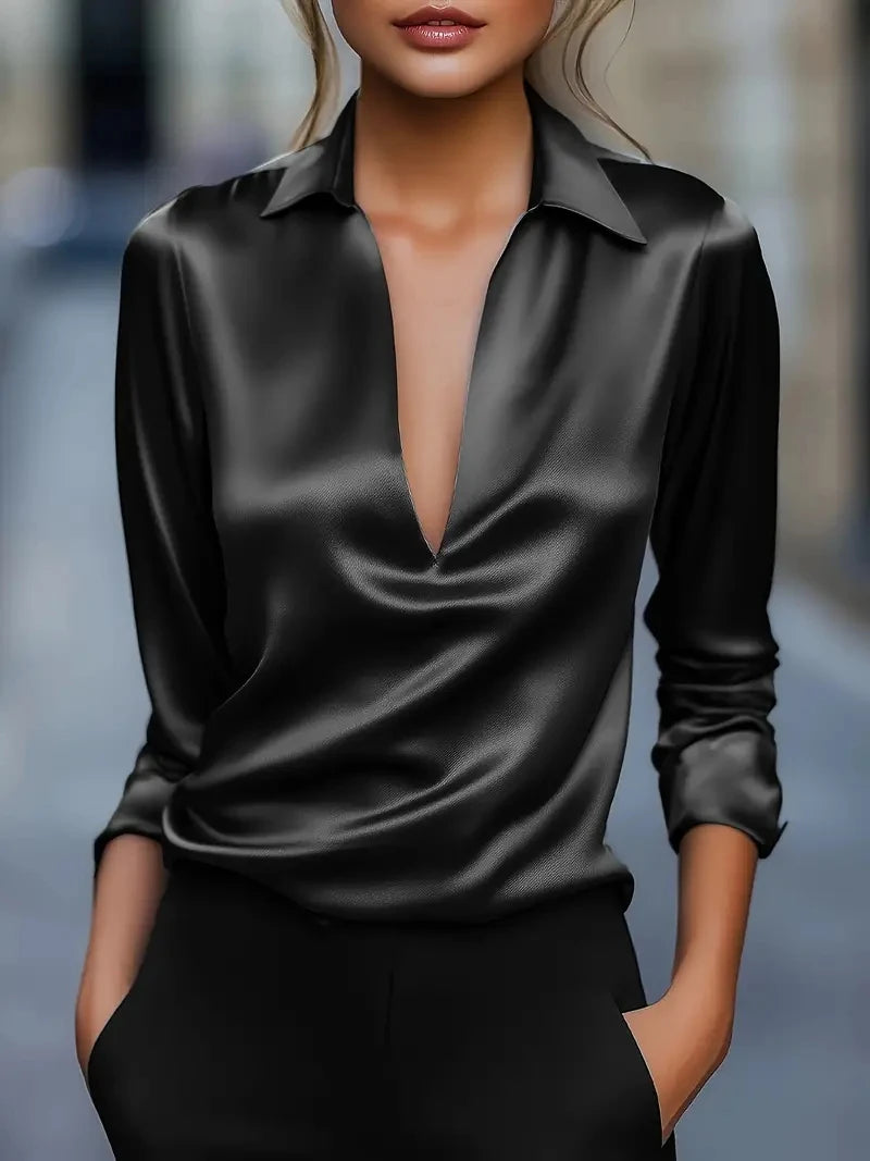 Elegant Satin Deep V-Neck Long Sleeve Blouse