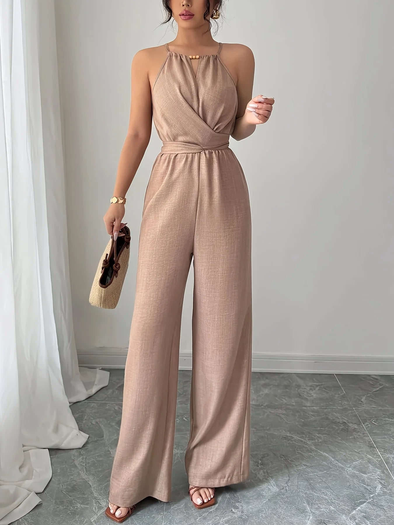 Women's Casual Pleated Halterneck Jumpsuit