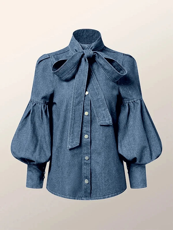 Denim Blouse with Long Puff Sleeves and Bow
