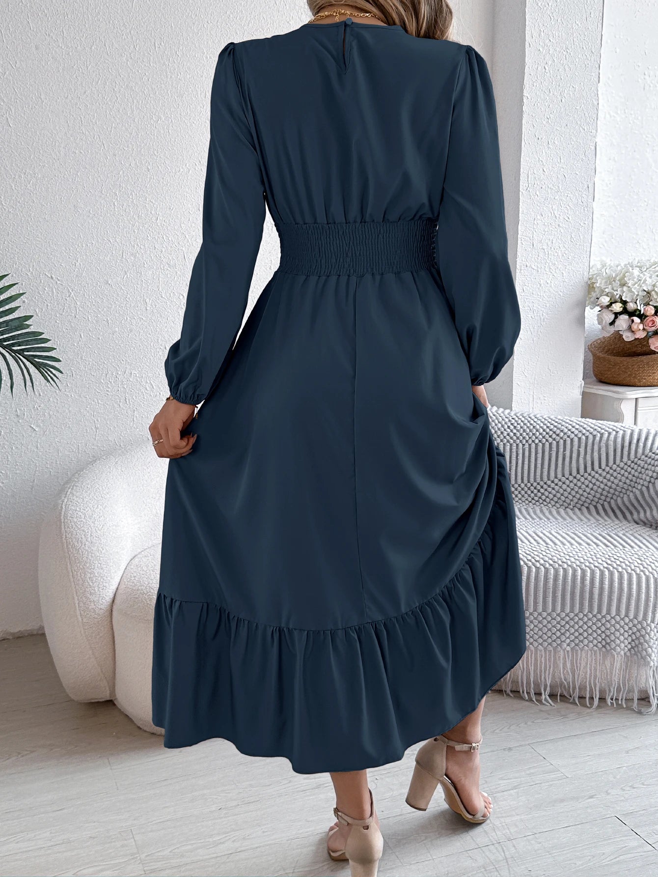Women's Casual Elegant Round Neck Long Sleeved Waist Cinched Lotus Leaf Edge Dress