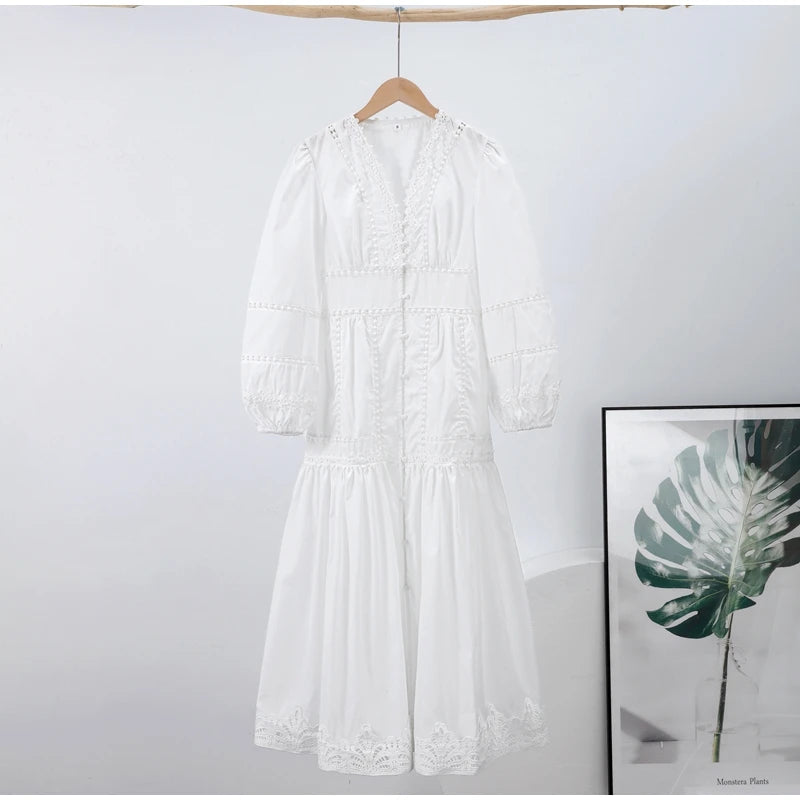 Lace Cut Out Long Puff Sleeve Maxi Dress