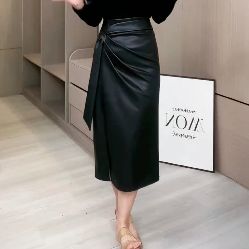 Slim Fit PU Leather Midi Skirt with Sash